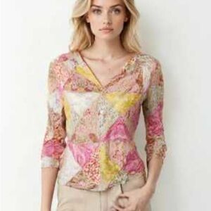 Rose & Olive Women Patchwork Tunic Blouse Small Pink Yellow Blue EUC ￼